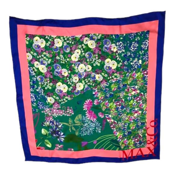 Max&Co. Scarf Womens 29"x31" Green Blue Floral Silk‎ Square Multifunction Shawl - Picture 2 of 11